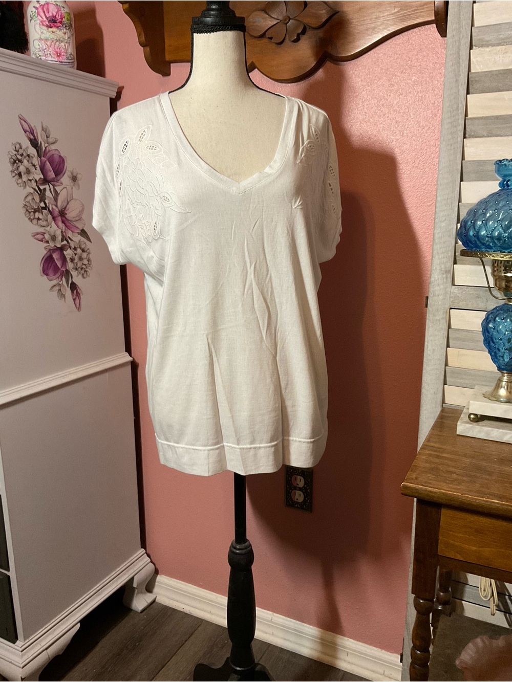 White V-Neck Eyelet Sleeve Women's Top